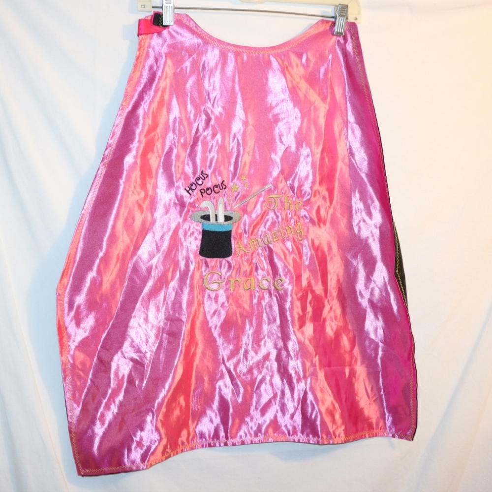 pink satin Halloween‎ costume cape with "Hocus Pocus"